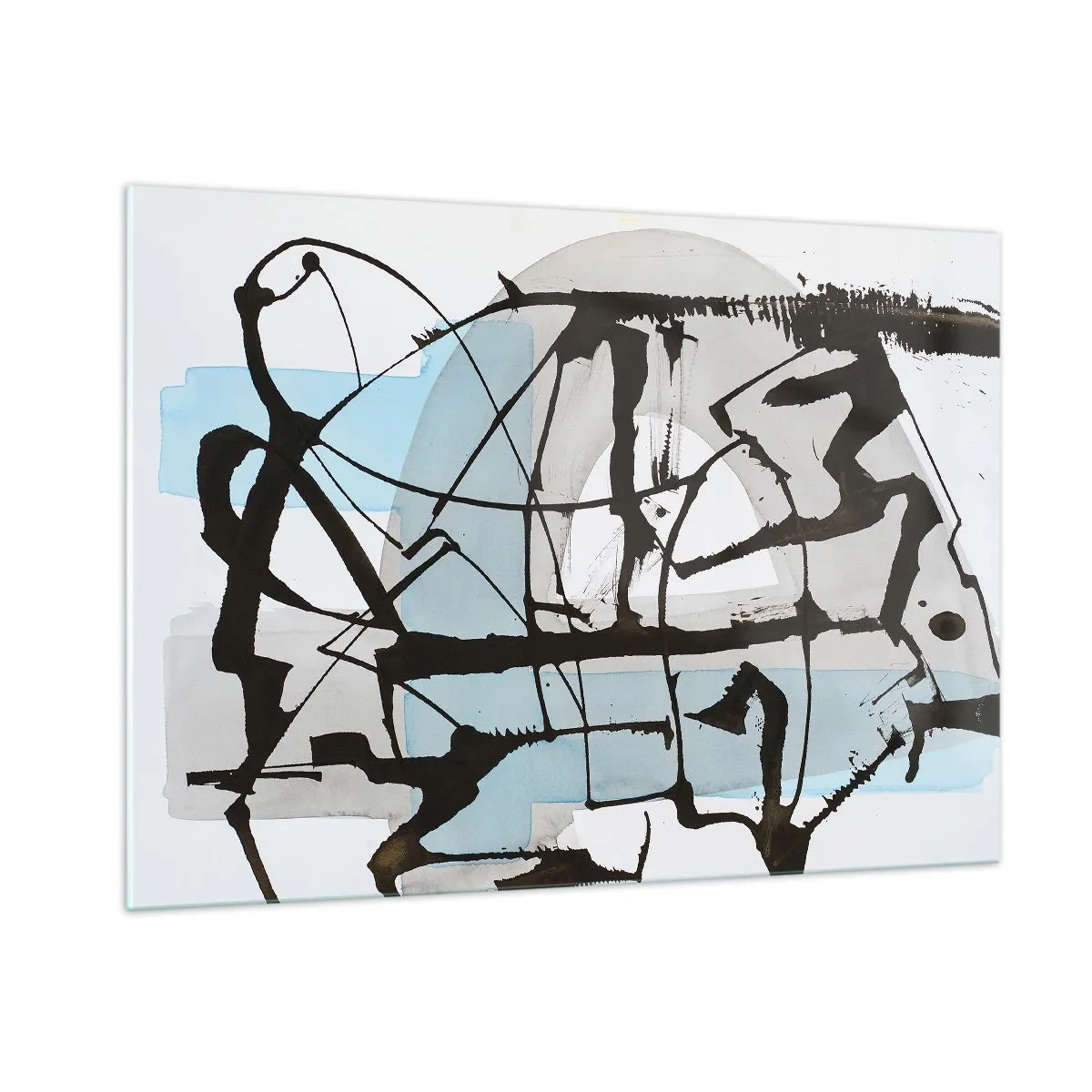 Glasbild - Bild auf glas - Abstrakte Komposition mit schwarzer Skizze und blauen Flecken - 100x70cm - Trotzdem blau - Moderne Wanddekoration für Wohnzimmer und Schlafzimmer ARTTOR