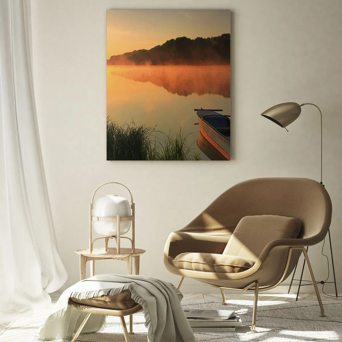 Glasbild - Bild auf glas - Morgennebel über dem Fluss mit einem Boot in den Sonnenstrahlen - 80x120cm - Sonnenaufgang über dem Wasser wie ein Spiegel - Moderne Wanddekoration für Wohnzimmer und Schlafzimmer ARTTOR