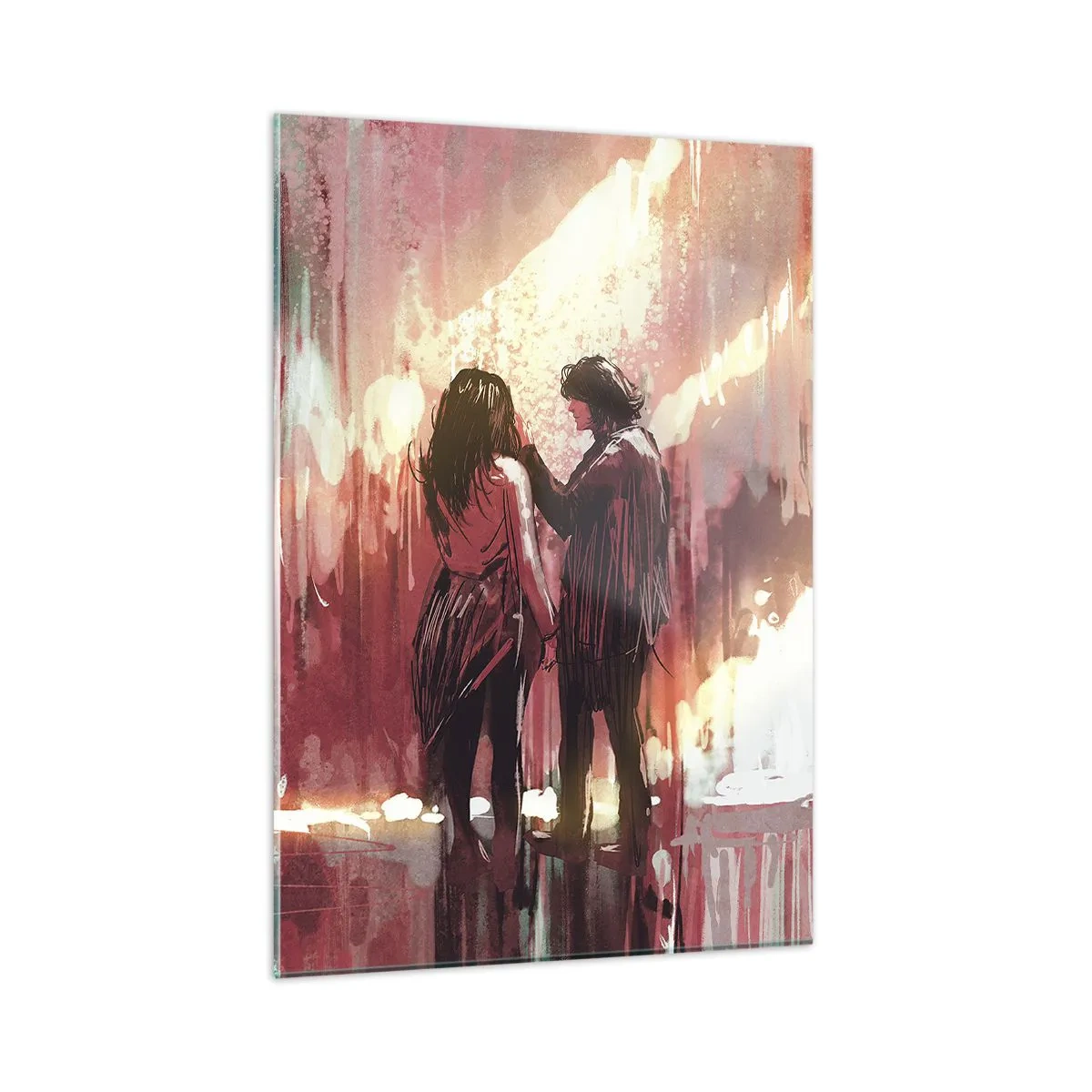 Glasbild - Bild auf glas - Ein Paar im warmen Licht einer abstrakten Kulisse - 50x70cm - Das ewige Schauspiel der Liebe - Moderne Wanddekoration für Wohnzimmer und Schlafzimmer ARTTOR