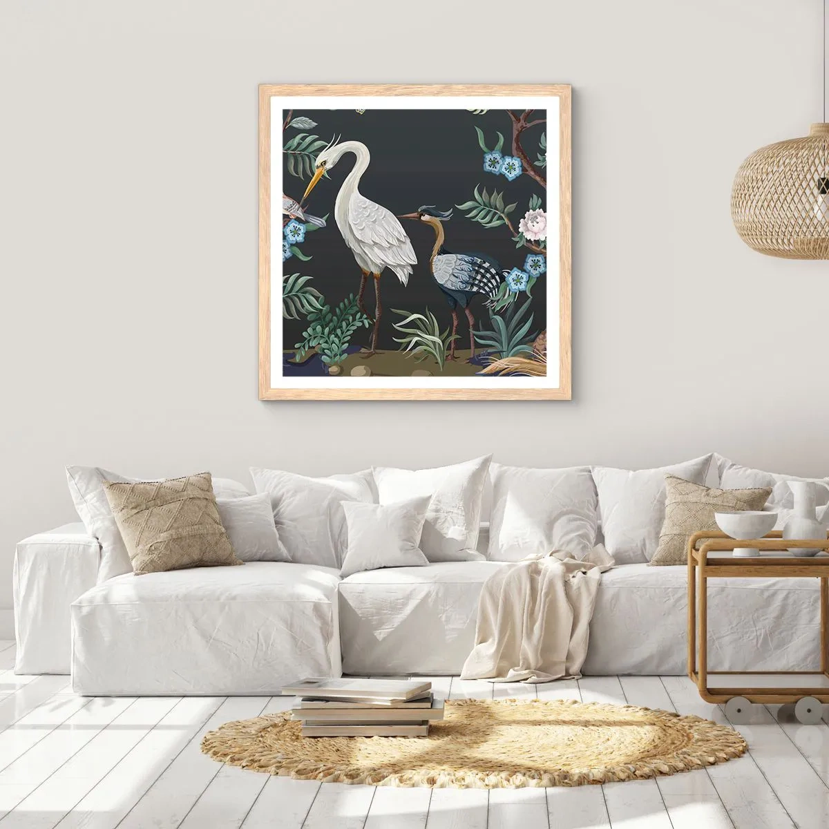 Poster in einem Rahmen aus heller Eiche - Vogelparade - 40x40 cm
