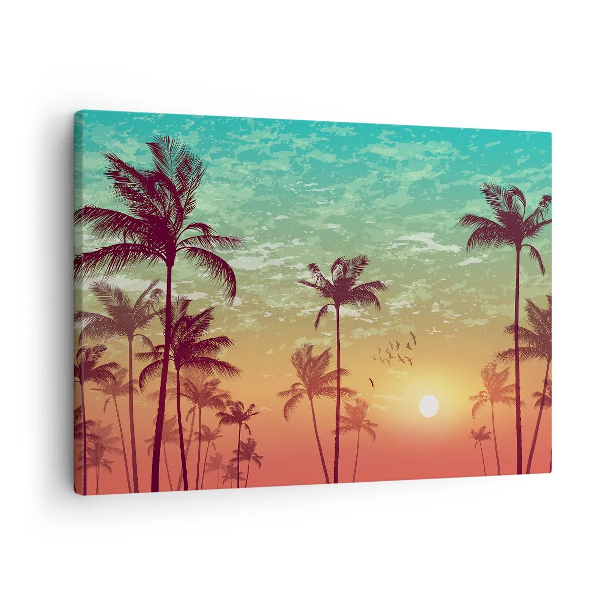 Bild auf Leinwand - Leinwandbild - Sonnenuntergang mit Palmen vor einem bunten Himmel - 70x50cm - Tropische Stimmung - Moderne Wanddekoration für Wohnzimmer und Schlafzimmer ARTTOR