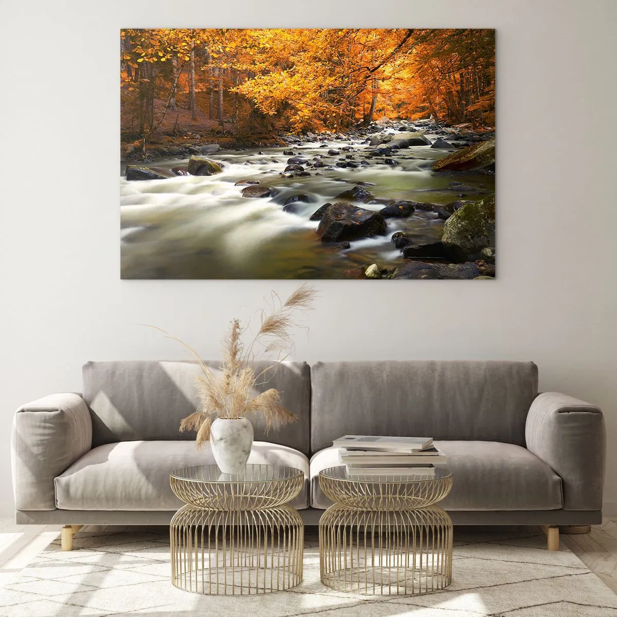 Glasbild - Bild auf glas - Herbstwald mit Bach und Steinen - 120x80cm - Ein Bach in einem goldenen Wald - Moderne Wanddekoration für Wohnzimmer und Schlafzimmer ARTTOR