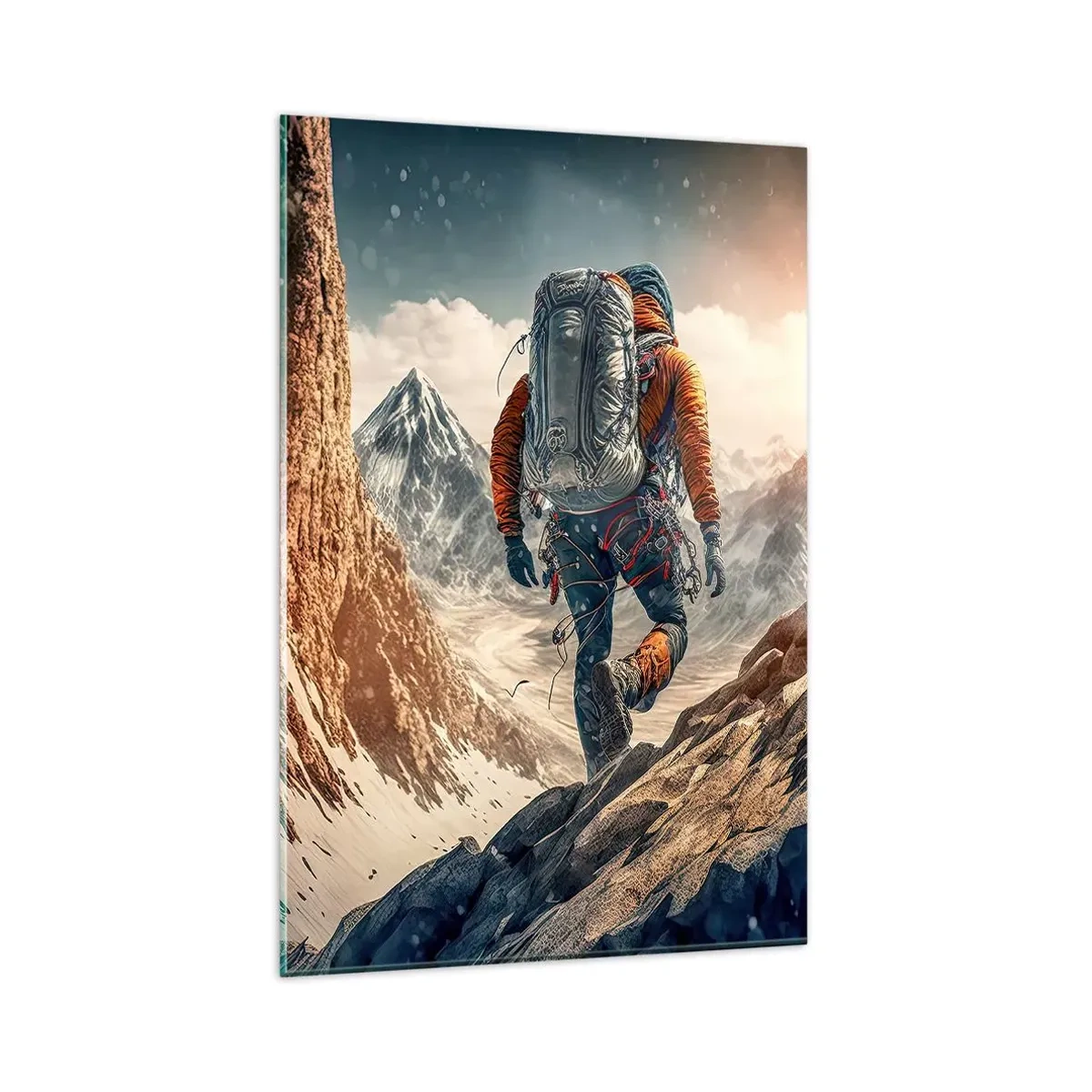 Glasbild - Bild auf glas - Ein Bergsteiger auf einem Bergpfad in einer Winterlandschaft - 80x120cm - Einsamer Krieger - Moderne Wanddekoration für Wohnzimmer und Schlafzimmer ARTTOR