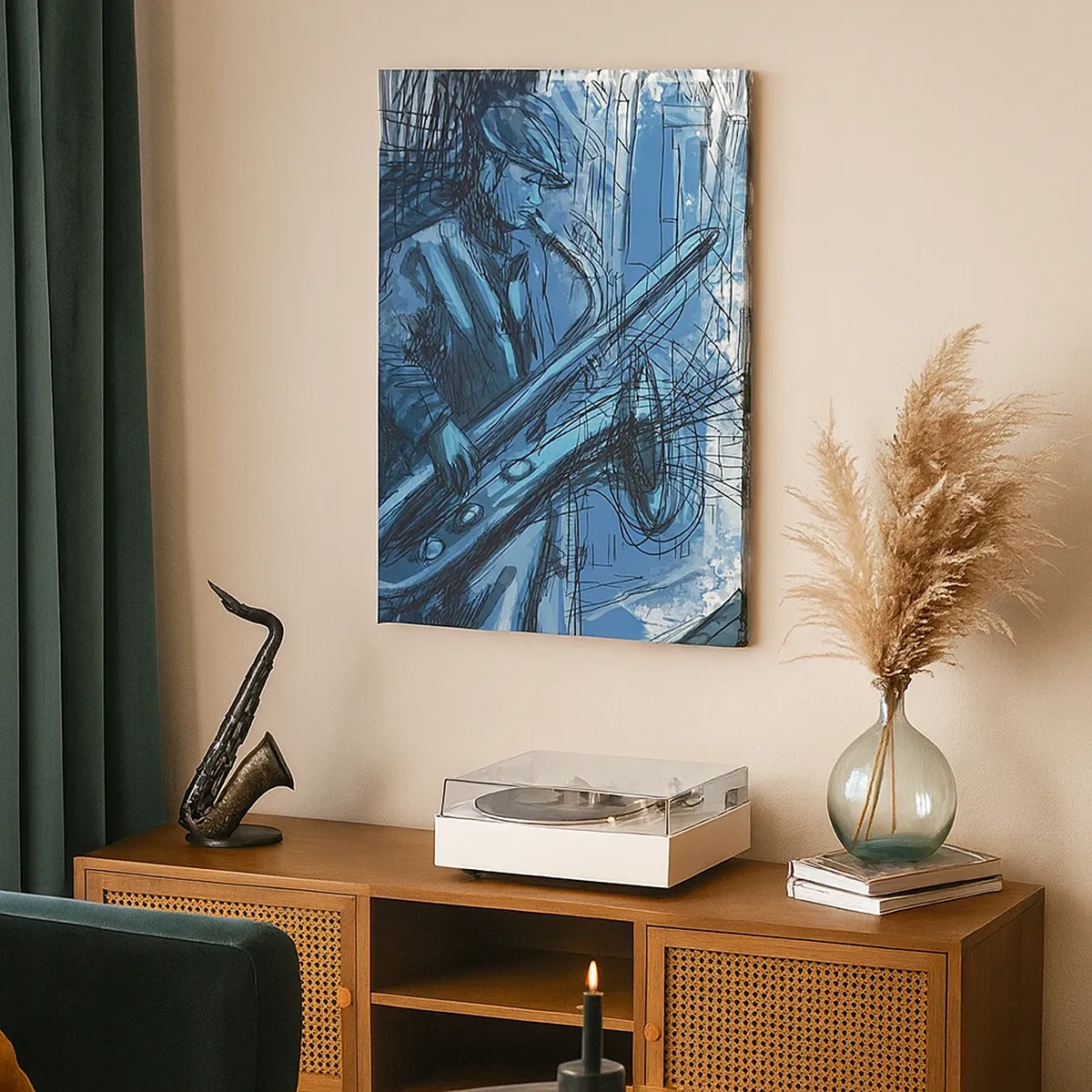 Bild auf Leinwand - Leinwandbild - Eine Saxophon spielende Figur vor dem Hintergrund einer Stadt - 50x70cm - Urbane Rhapsodie - Moderne Wanddekoration für Wohnzimmer und Schlafzimmer ARTTOR