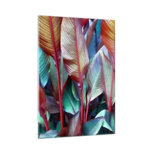Glasbild - Bild auf glas - Ein buntes Blätterdickicht in Rot-, Grün- und Lilatönen - 50x70cm - Buntes Dickicht - Moderne Wanddekoration für Wohnzimmer und Schlafzimmer ARTTOR