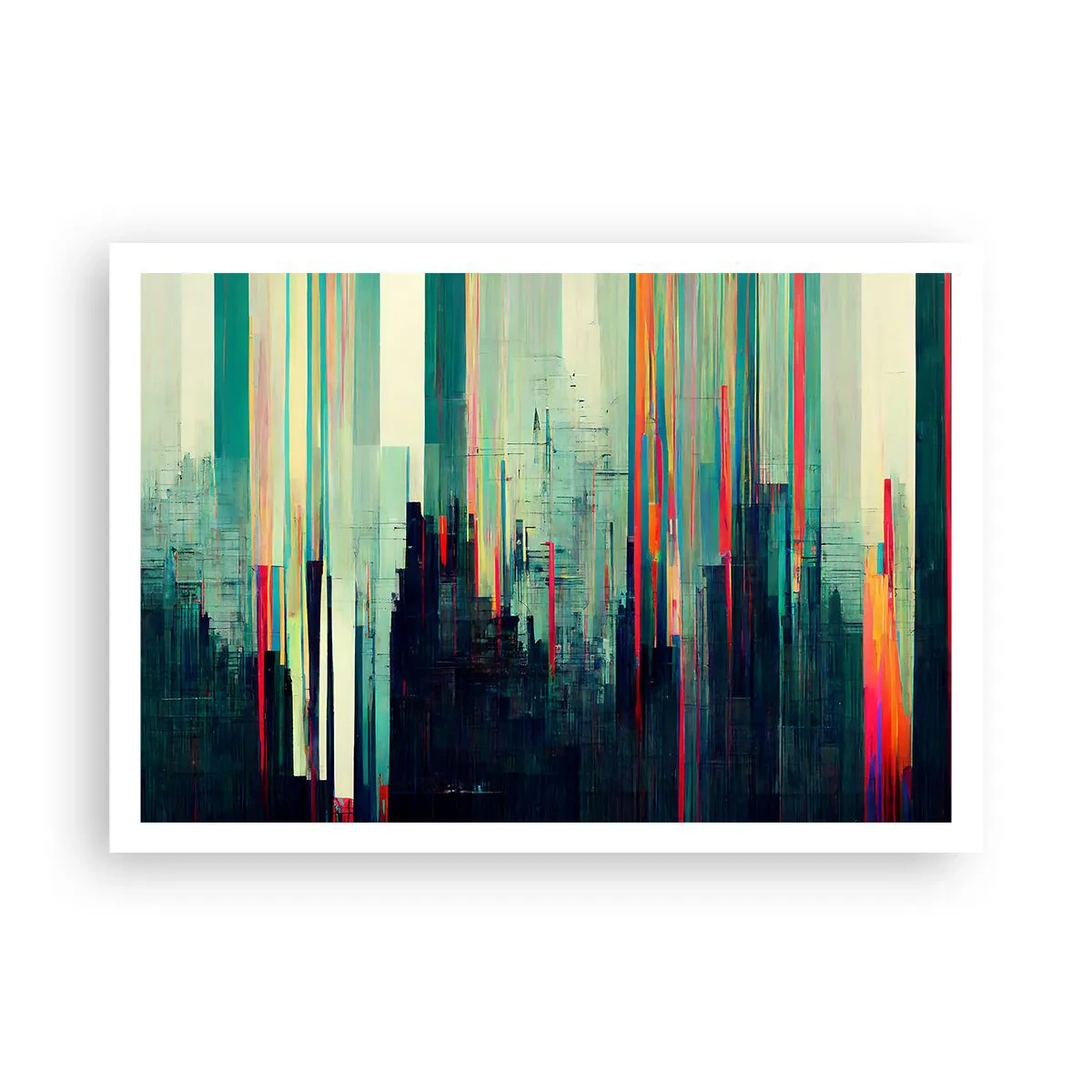 Poster - Abstraktion mit vertikalen Linien und einer Stadtsilhouette - 100x70cm - Futuristische Stadt - Moderne Wanddekoration für Wohnzimmer und Schlafzimmer ARTTOR