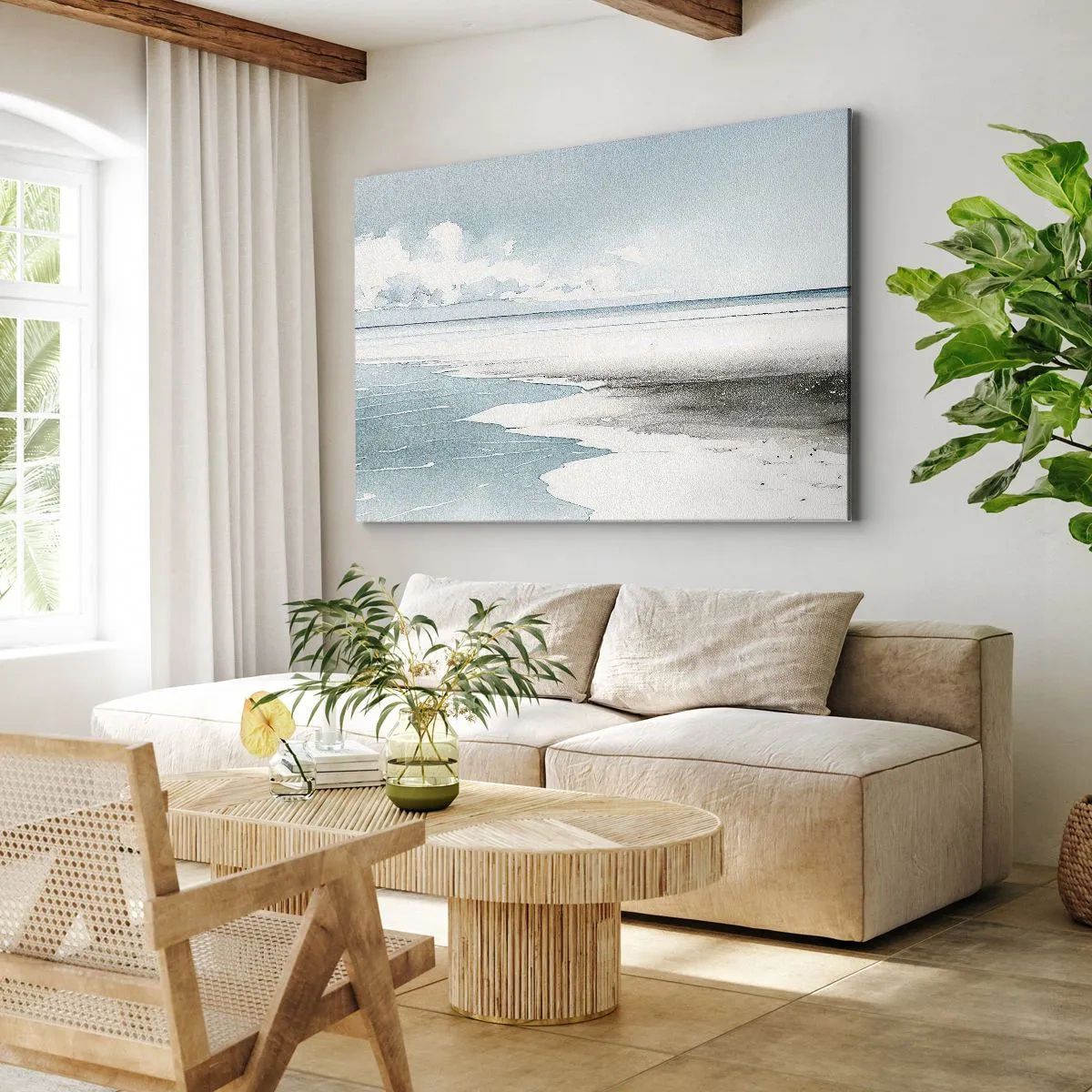 Bild auf Leinwand - Leinwandbild - Ruhiges Meer und Strand in hellen Blautönen - 70x50cm - Sanfte Flut - Moderne Wanddekoration für Wohnzimmer und Schlafzimmer ARTTOR