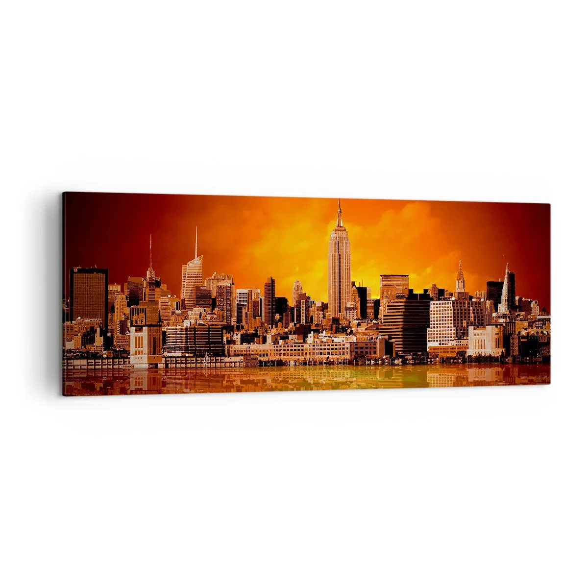 Bild auf Leinwand - Leinwandbild - Panorama der Stadt bei Sonnenuntergang mit im Wasser reflektierten Gebäuden - 140x50cm - Das Großstadtpanorama in Gelb und Bronze - Moderne Wanddekoration für Wohnzimmer und Schlafzimmer ARTTOR