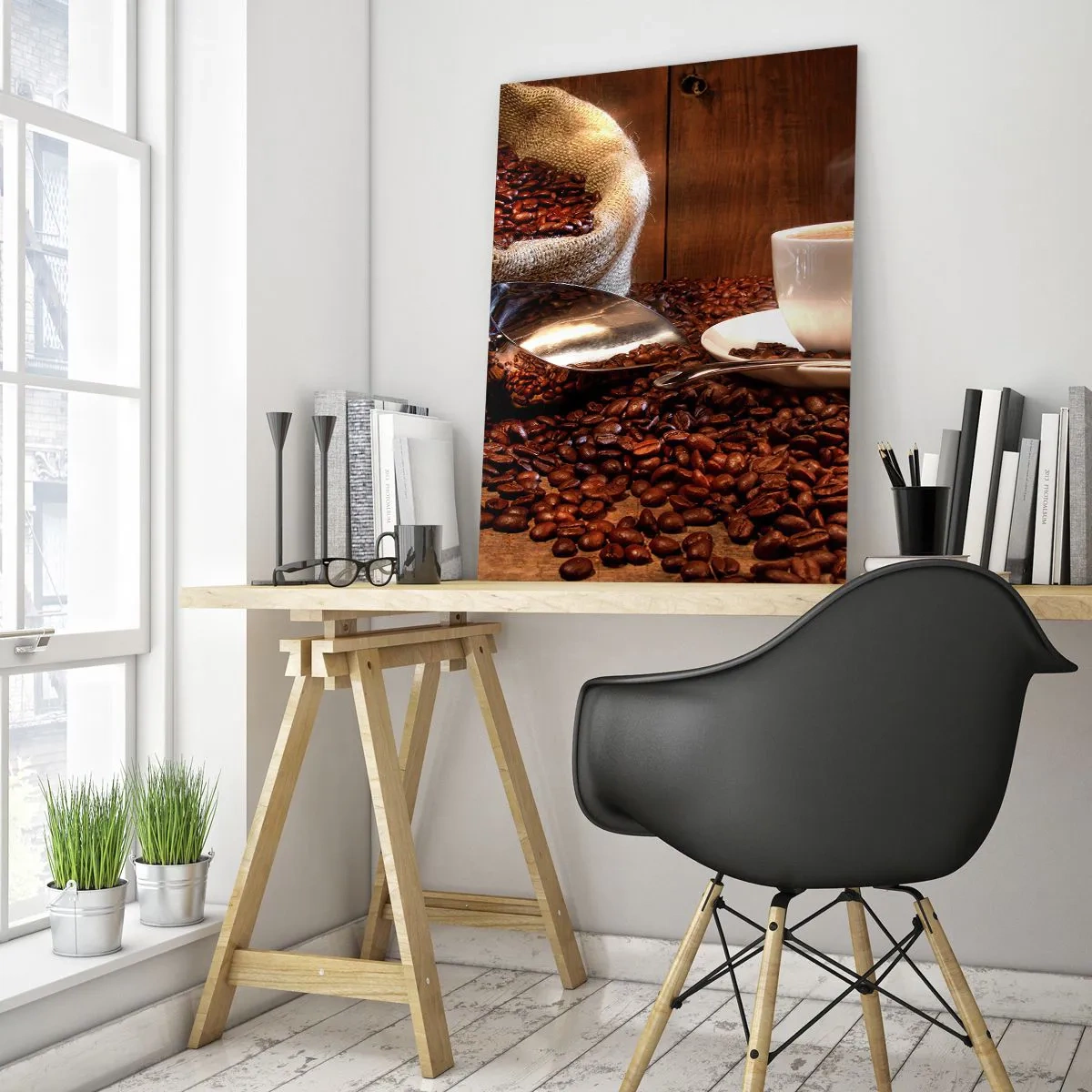 Glasbild - Bild auf glas - Eine Tasse Kaffee mit Kaffeebohnen und einem Getreidesack im Hintergrund - 70x100cm - Fühlst du diesen Geruch? - Moderne Wanddekoration für Wohnzimmer und Schlafzimmer ARTTOR