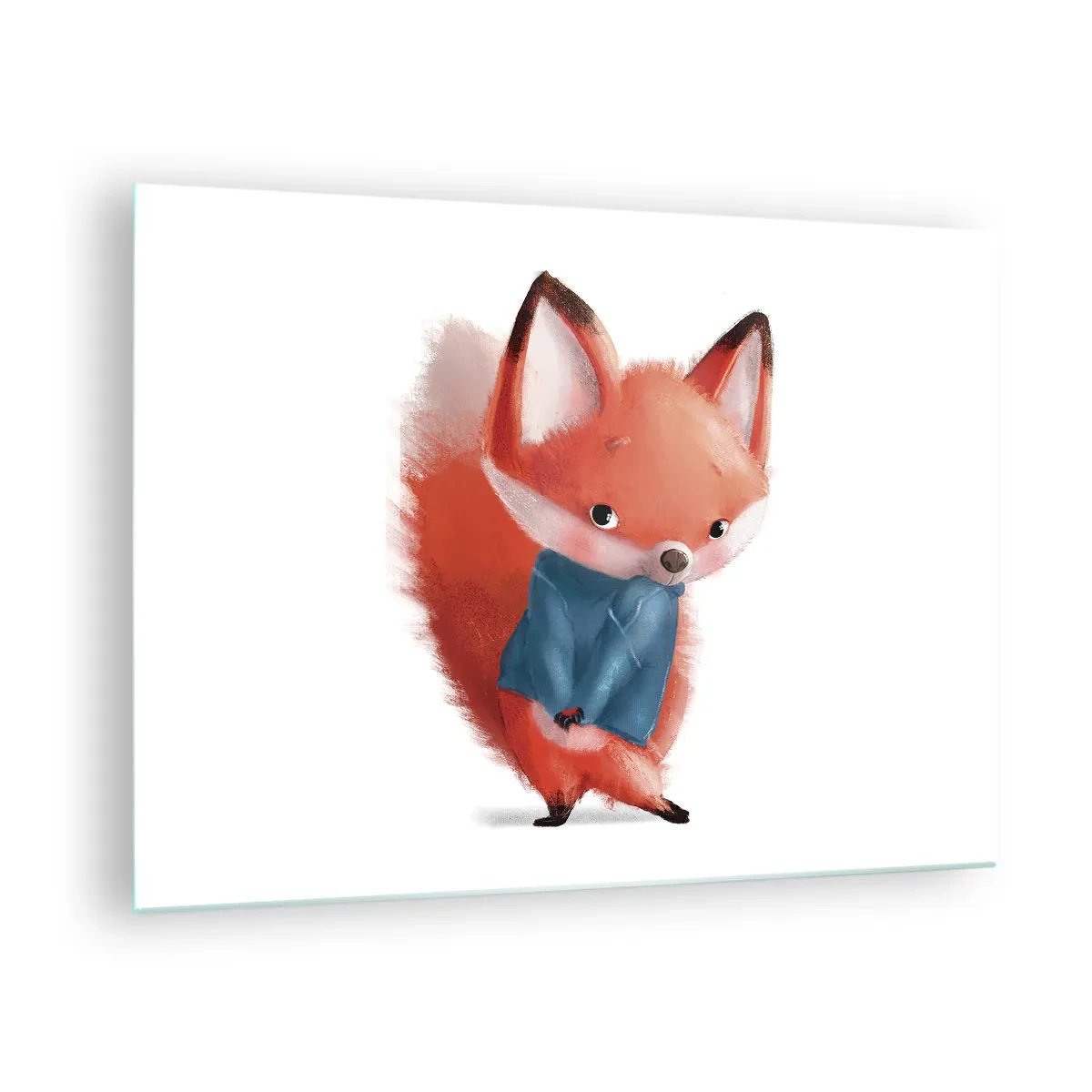 Glasbild - Bild auf glas - Ein süßer Fuchs in einem blauen Pullover auf weißem Hintergrund - 70x50cm - Steht mir das gut? - Moderne Wanddekoration für Wohnzimmer und Schlafzimmer ARTTOR