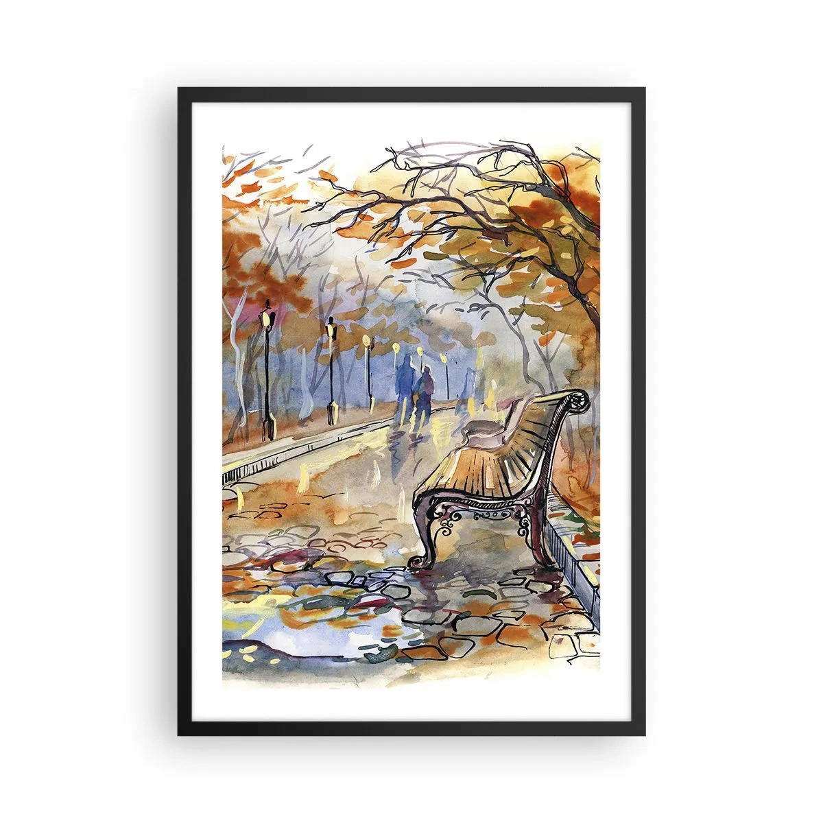 Poster in einem schwarzem Rahmen - Bank in einem Herbstpark, Aquarell - 50x70cm - Gemeinsam im Herbst wandern - Moderne Wanddekoration für Wohnzimmer und Schlafzimmer ARTTOR