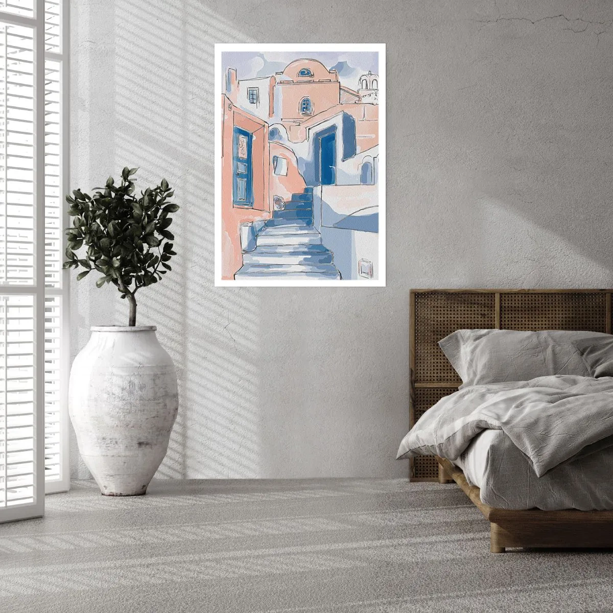 Poster - Eine malerische Straße im mediterranen Stil in Blautönen - 50x70cm - Exotische Stadt - Moderne Wanddekoration für Wohnzimmer und Schlafzimmer ARTTOR