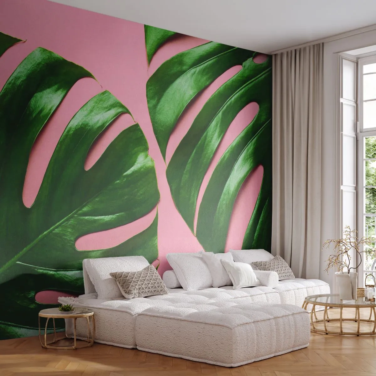 Fototapete Premium Sand - Grüne Monstera-Blätter auf rosa Hintergrund - 100x70cm - Rendezvous im Grünen - Moderne Wanddekoration für Wohnzimmer und Schlafzimmer ARTTOR