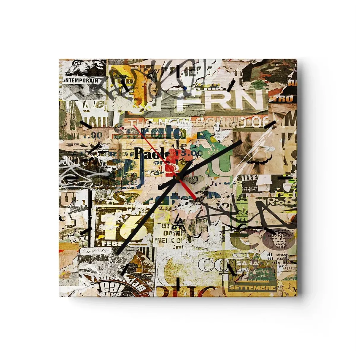 Wanduhr - Glasuhr - Eine Collage aus Zeitungs- und Plakatfragmenten im künstlerischen Stil. - 30x30cm - Ach, es passiert... - Moderne Wanddekoration für Wohnzimmer und Schlafzimmer ARTTOR