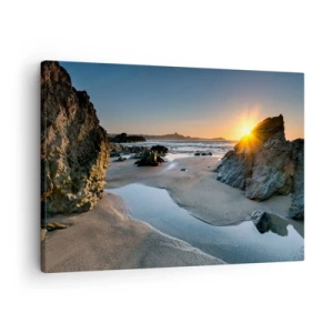 Bild auf Leinwand - Leinwandbild - Malerischer Sonnenuntergang an einem felsigen Strand - 70x50cm - Unberührt von menschlicher Hand - Moderne Wanddekoration für Wohnzimmer und Schlafzimmer ARTTOR