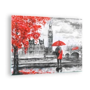 Glasbild - Bild auf glas - Ein Paar unter einem roten Regenschirm mit Big Ben und Herbstbäumen im Hintergrund. - 70x50cm - Verliebt in London - Moderne Wanddekoration für Wohnzimmer und Schlafzimmer ARTTOR