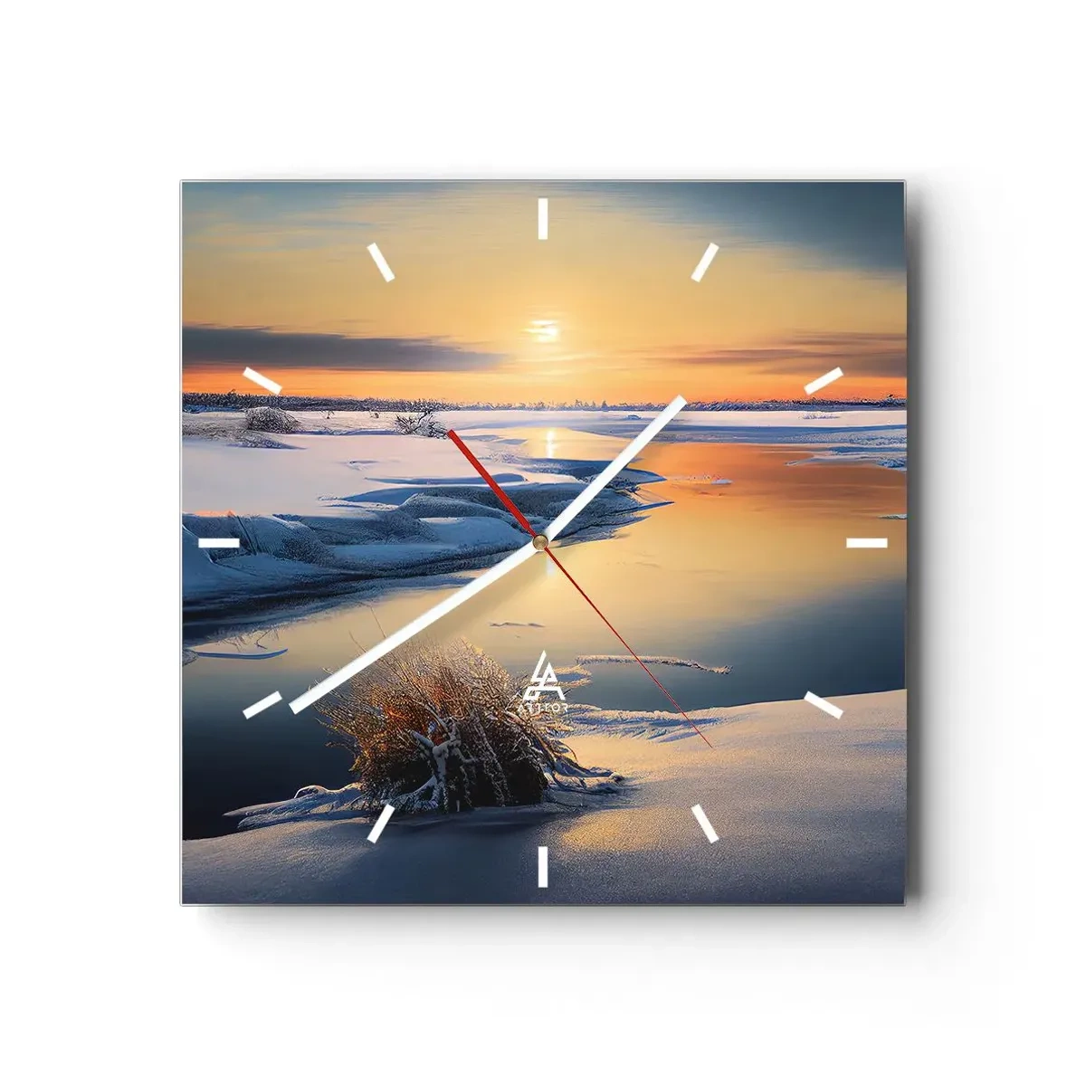 Wanduhr - Glasuhr - Winterlandschaft mit einem Fluss bei Sonnenuntergang - 30x30cm - Wintersonnenuntergang - Moderne Wanddekoration für Wohnzimmer und Schlafzimmer ARTTOR