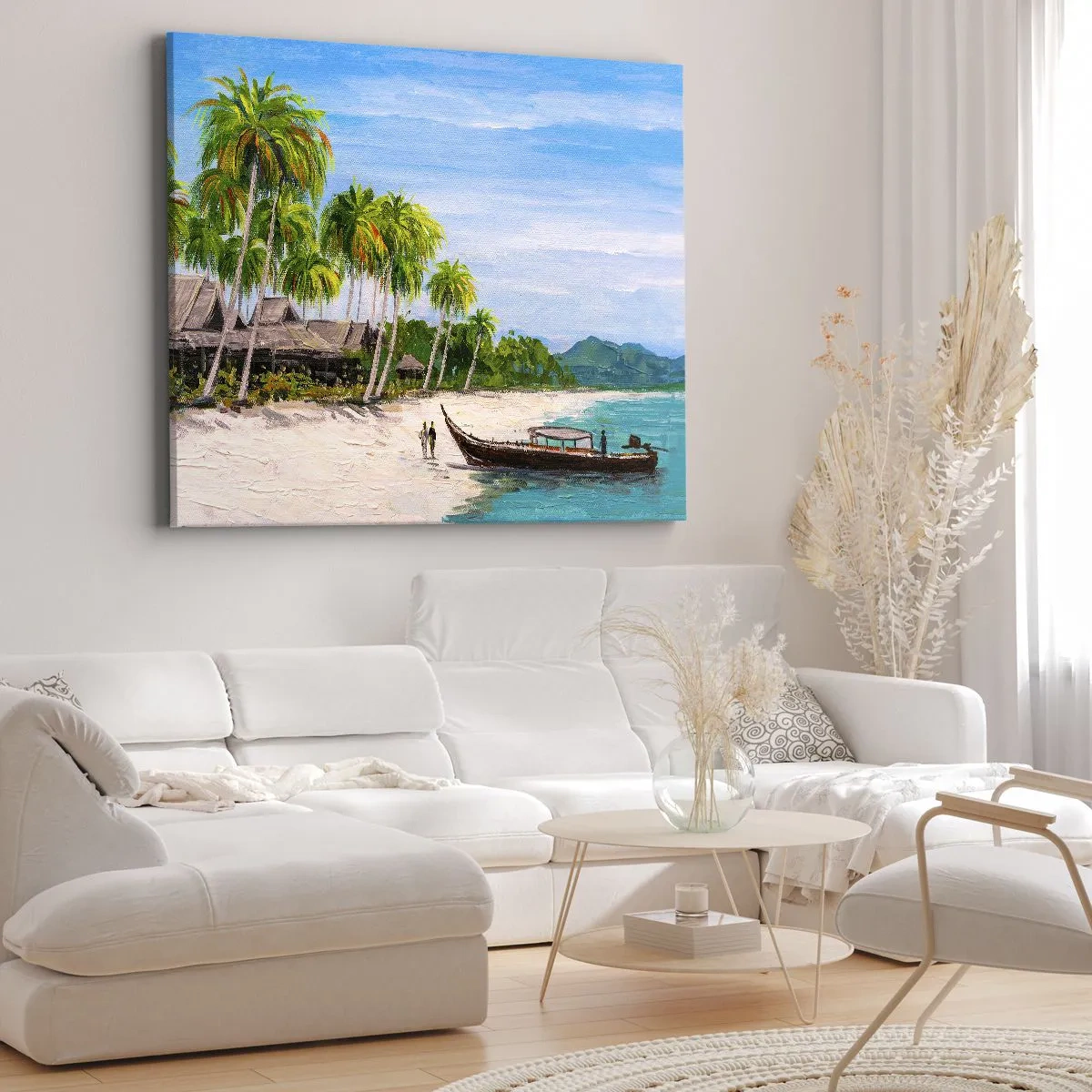 Bild auf Leinwand - Leinwandbild - Ein exotischer Strand mit Palmen und einem Boot am Ufer - 70x50cm - Exotischer Traum - Moderne Wanddekoration für Wohnzimmer und Schlafzimmer ARTTOR