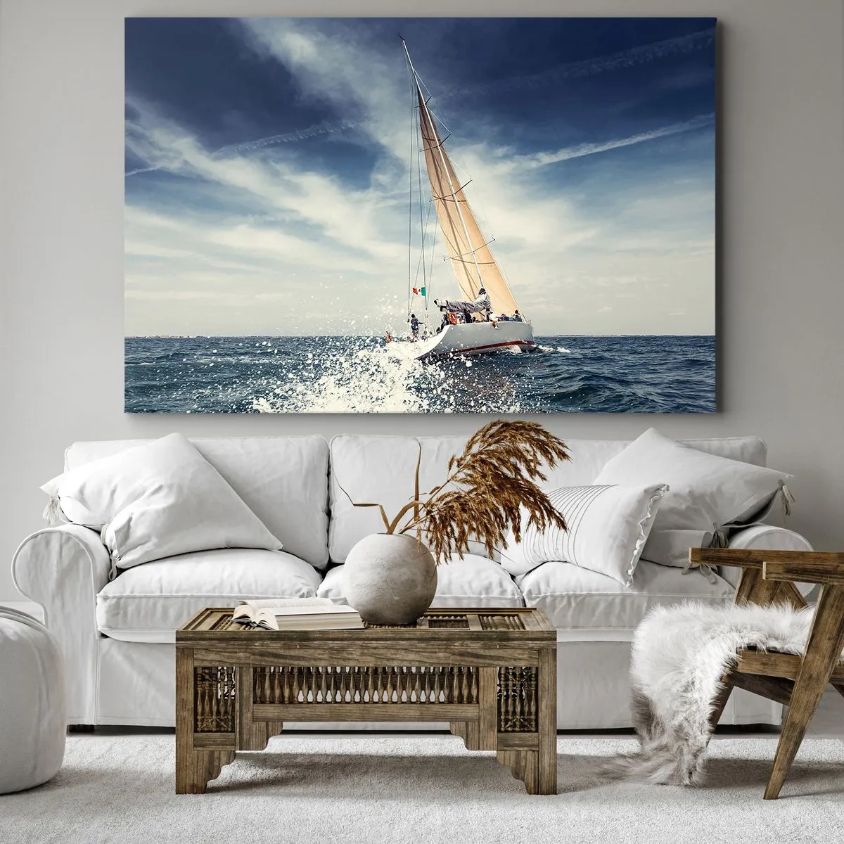 Bild auf Leinwand - Leinwandbild - Ein Segelboot auf stürmischer See unter blauem Himmel - 70x50cm - Sie werden uns nicht einholen! - Moderne Wanddekoration für Wohnzimmer und Schlafzimmer ARTTOR