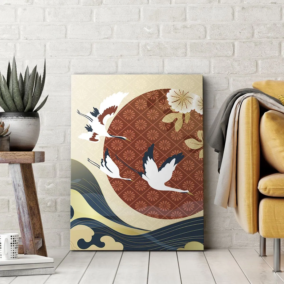 Bild auf Leinwand - Leinwandbild - Japanische Komposition mit Kranichen und Wellen - 80x120cm - Japanisches Märchen - Moderne Wanddekoration für Wohnzimmer und Schlafzimmer ARTTOR