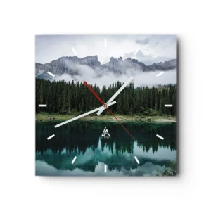 Wanduhr - Glasuhr - Eine Berglandschaft mit einem Wald und einem See, in dem sich der Himmel spiegelt - 30x30cm - Leise, leise, lass uns das Trinkwasser nicht wecken ... - Moderne Wanddekoration für Wohnzimmer und Schlafzimmer ARTTOR
