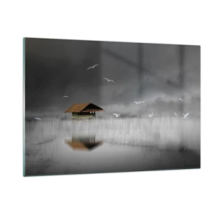 Glasbild - Bild auf glas - Ein Haus auf dem Wasser im Nebel mit fliegenden Vögeln - 120x80cm - Schutz vor Regen - Moderne Wanddekoration für Wohnzimmer und Schlafzimmer ARTTOR