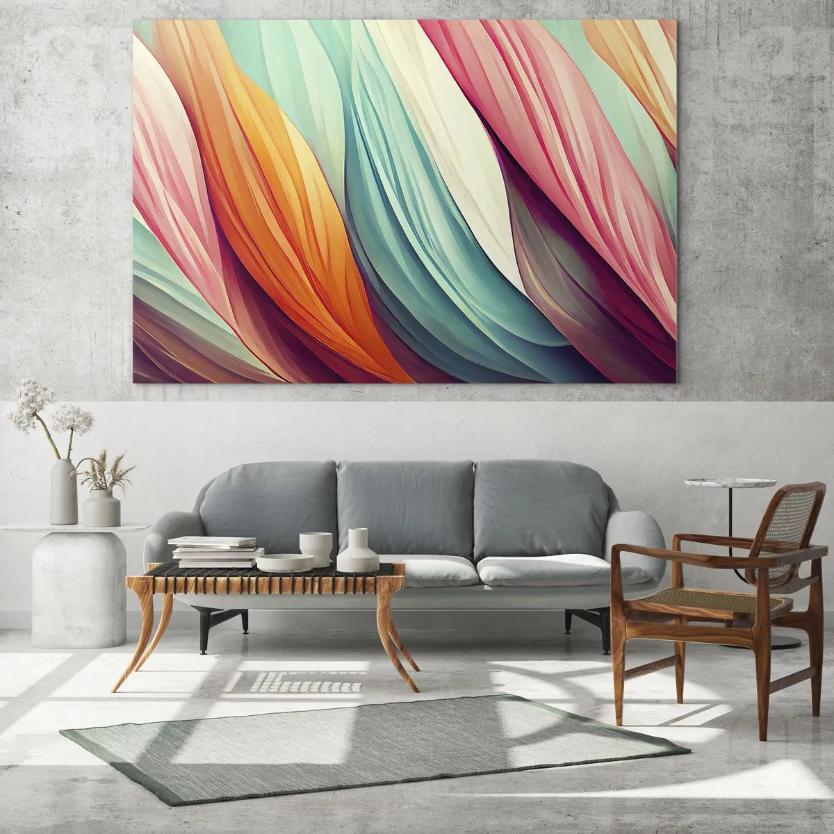 Glasbild - Bild auf glas - Ein farbenfrohes Gewebe aus abstrakten Streifen in Pastellfarben - 100x70cm - Regenbogengewebe - Moderne Wanddekoration für Wohnzimmer und Schlafzimmer ARTTOR