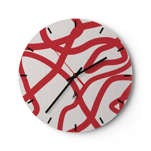 Wanduhr - Glasuhr - Abstrakte rote Linien schlängeln sich in dynamischer Anordnung über einen weißen Hintergrund. - 30x30cm - Rot auf Weiß - Moderne Wanddekoration für Wohnzimmer, Küche und Schlafzimmer ARTTOR