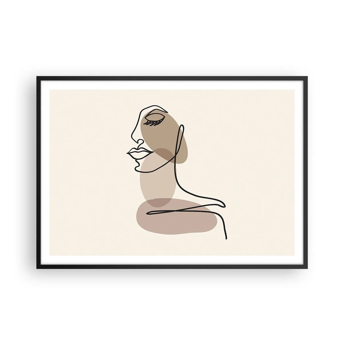 Poster in einem schwarzem Rahmen - Minimalistisches Frauengesicht mit abstrakten Flecken - 100x70cm - Sich selbst zugehört - Moderne Wanddekoration für Wohnzimmer und Schlafzimmer ARTTOR