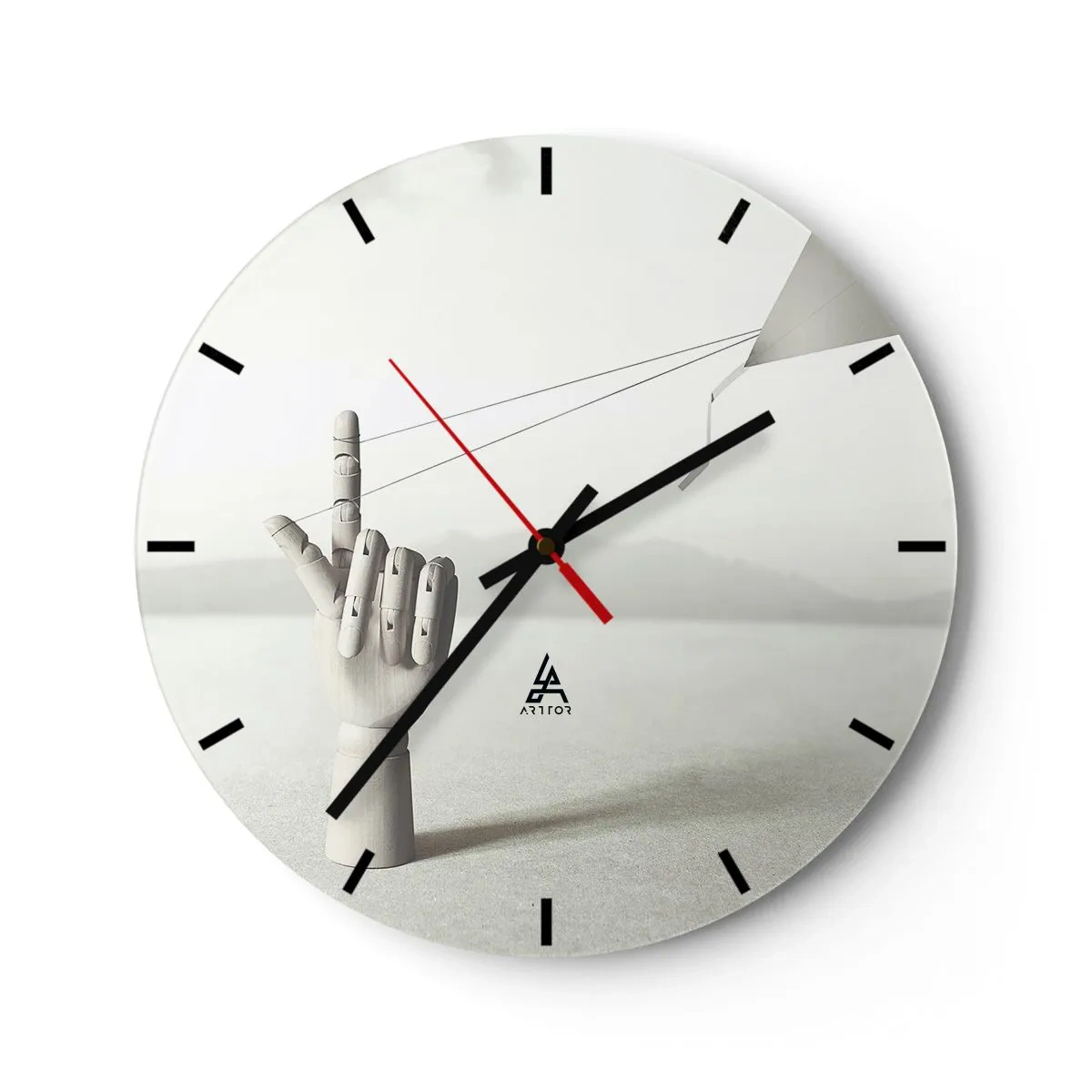 Wanduhr - Glasuhr - Eine hölzerne Hand spannt Seile in einer surrealen Landschaft. - 30x30cm - Kraftprobe - Moderne Wanddekoration für Wohnzimmer, Küche und Schlafzimmer ARTTOR