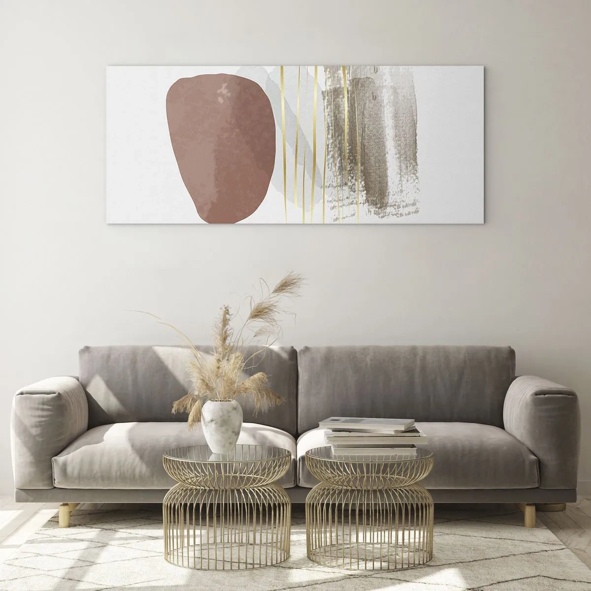 Glasbild - Bild auf glas - Abstrakte Komposition in Beige- und Goldtönen - 140x50cm - Abstrakte Kolonnade - Moderne Wanddekoration für Wohnzimmer und Schlafzimmer ARTTOR