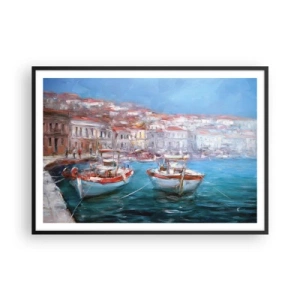 Poster in einem schwarzem Rahmen - Boote in einer malerischen italienischen Bucht - 100x70cm - Italienische Bucht - Moderne Wanddekoration für Wohnzimmer und Schlafzimmer ARTTOR