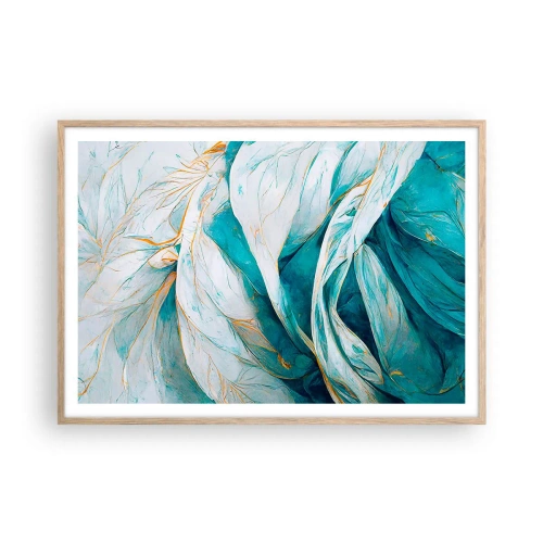 Poster in einem Rahmen aus heller Eiche - Blaue Abstraktion mit goldenem Motiv - 100x70 cm