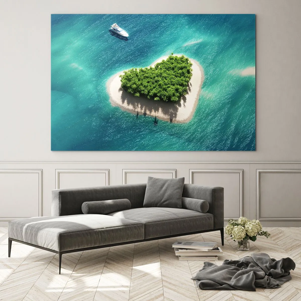 Glasbild - Bild auf glas - Illustration einer herzförmigen Insel mit einem Boot vor einem türkisfarbenen Meer - 70x50cm - ich liebe Sommer - Moderne Wanddekoration für Wohnzimmer und Schlafzimmer ARTTOR