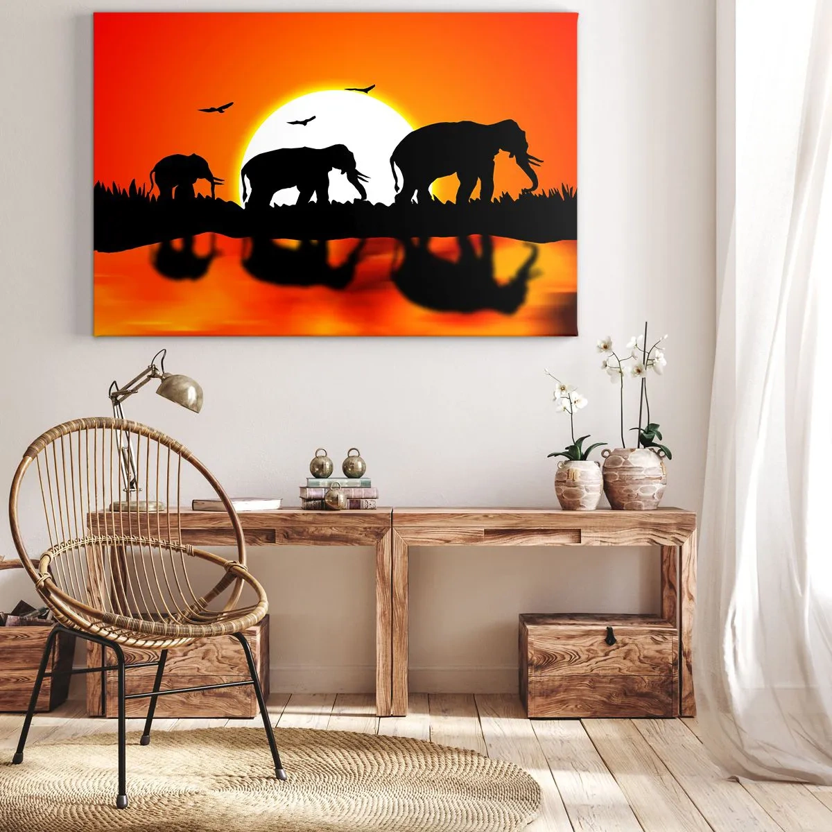 Bild auf Leinwand - Leinwandbild - Silhouetten von Elefanten bei Sonnenuntergang über dem Wasser mit Reflexion - 120x80cm - Und abends einen kleinen Drink trinken - Moderne Wanddekoration für Wohnzimmer und Schlafzimmer ARTTOR