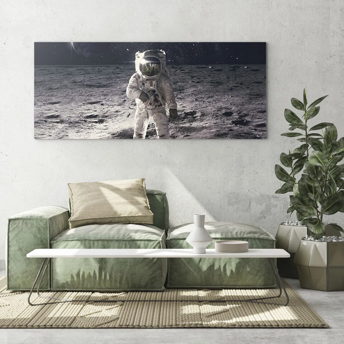 Glasbild - Bild auf glas - Astronaut auf der Mondoberfläche mit der Erde im Hintergrund - 140x50cm - Grüße vom Mond - Moderne Wanddekoration für Wohnzimmer und Schlafzimmer ARTTOR