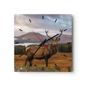Wanduhr - Glasuhr - Ein Hirsch vor der Kulisse einer Berglandschaft mit Seen und Wäldern - 30x30cm - Die Majestät der Natur - Moderne Wanddekoration für Wohnzimmer und Schlafzimmer ARTTOR