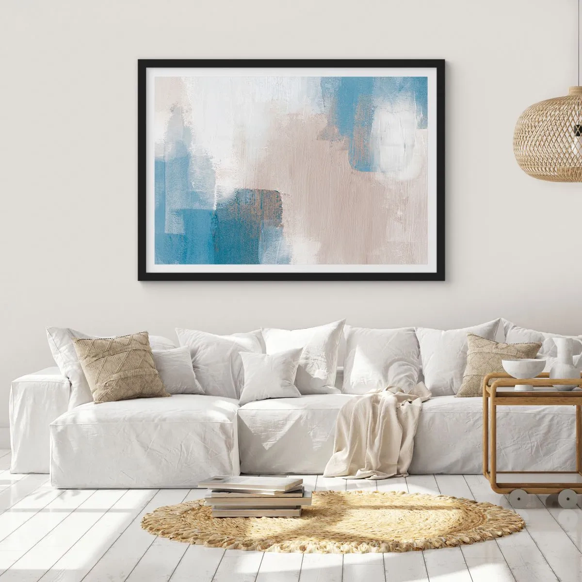 Poster in einem schwarzem Rahmen - Abstrakte Formen in Blau- und Beigetönen - 100x70cm - Rosa Abstraktion hinter einem blauen Vorhang - Moderne Wanddekoration für Wohnzimmer und Schlafzimmer ARTTOR