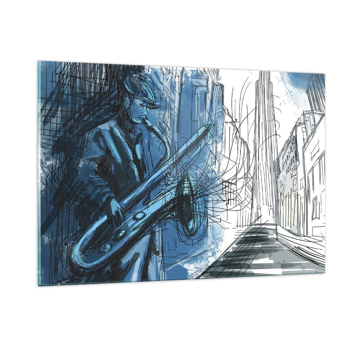 Glasbild - Bild auf glas - Jazz-Saxophonist in blau getönter urbaner Umgebung - 120x80cm - Urbane Rhapsodie - Moderne Wanddekoration für Wohnzimmer und Schlafzimmer ARTTOR