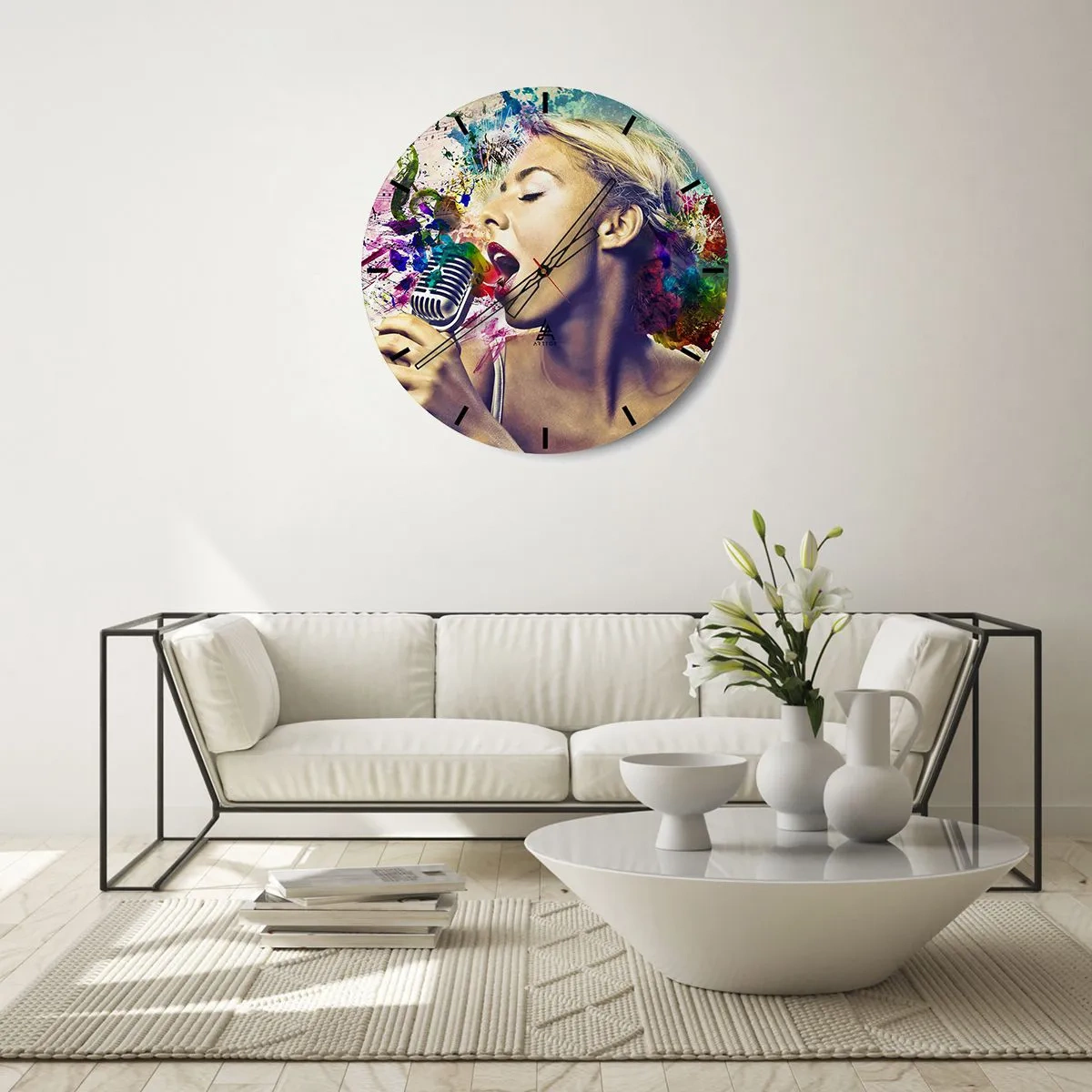 Wanduhr - Glasuhr - Eine farbenfrohe Figur, die mit musikalischer Untermalung in ein Mikrofon singt. - 30x30cm - Malen Sie die Welt mit Ihrer Stimme - Moderne Wanddekoration für Wohnzimmer, Küche und Schlafzimmer ARTTOR