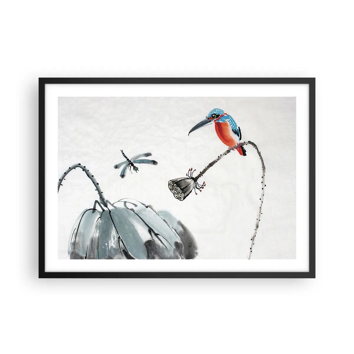 Poster in einem schwarzem Rahmen - Ein bunter Vogel vor einem Hintergrund aus Vegetation und einer Libelle - 70x50cm - Das Leben der Wiese - Moderne Wanddekoration für Wohnzimmer und Schlafzimmer ARTTOR