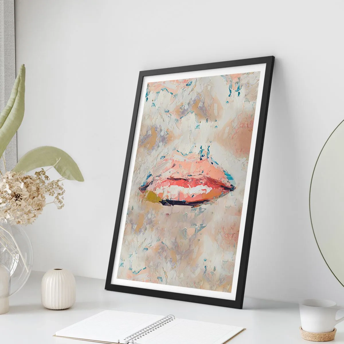 Poster in einem schwarzem Rahmen - Abstrakte Lippen in einer Pastellfarbpalette - 50x70cm - Es weckt die Sinne - Moderne Wanddekoration für Wohnzimmer und Schlafzimmer ARTTOR