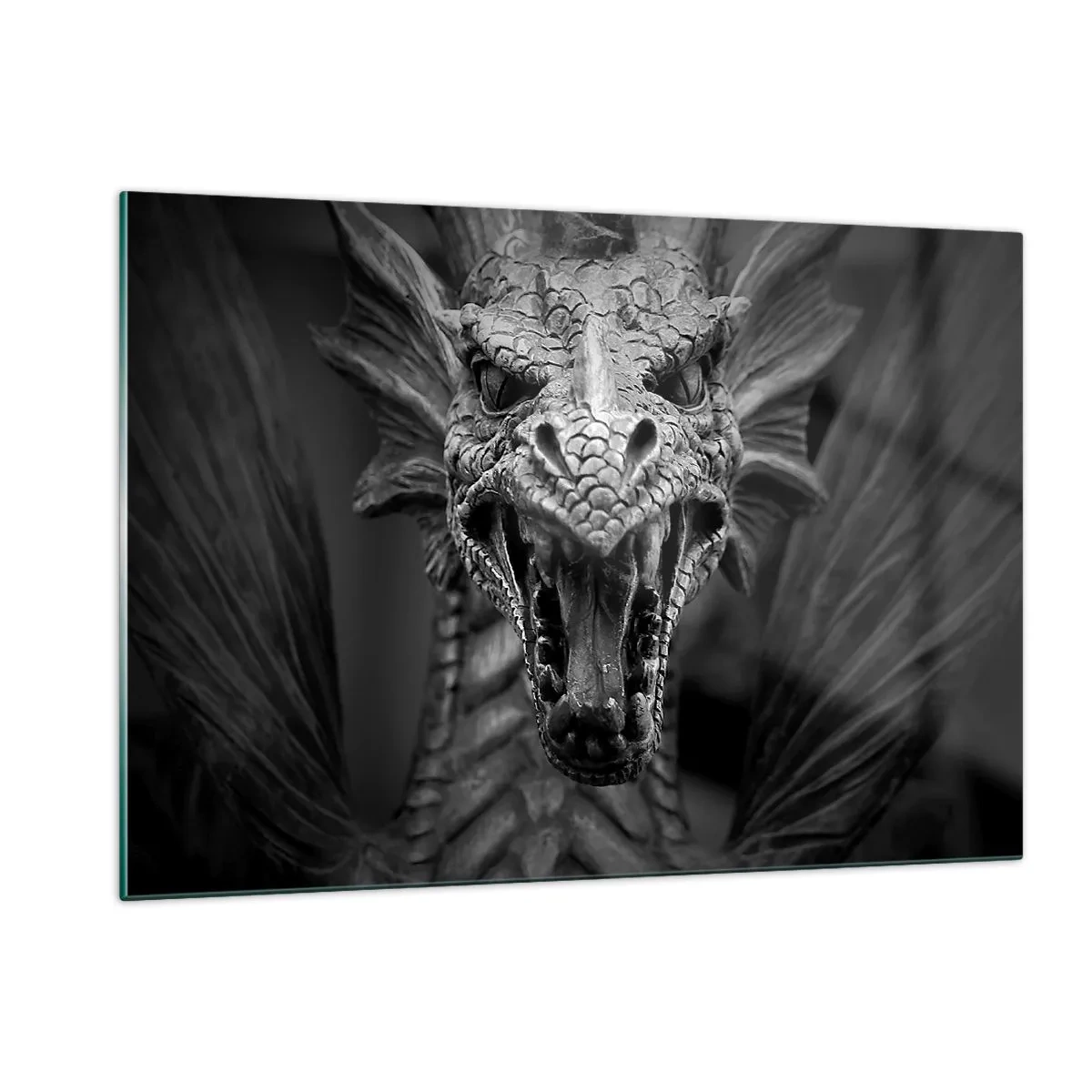 Glasbild - Bild auf glas - Detailliertes Porträt eines Drachen in Schwarzweiß - 120x80cm - Ein märchenhafter Drache in Grau - Moderne Wanddekoration für Wohnzimmer und Schlafzimmer ARTTOR