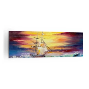 Bild auf Leinwand - Leinwandbild - Ein Segelschiff vor der Kulisse eines farbenfrohen Sonnenuntergangs - 160x50cm - Tapfer unter den Wellen - Moderne Wanddekoration für Wohnzimmer und Schlafzimmer ARTTOR
