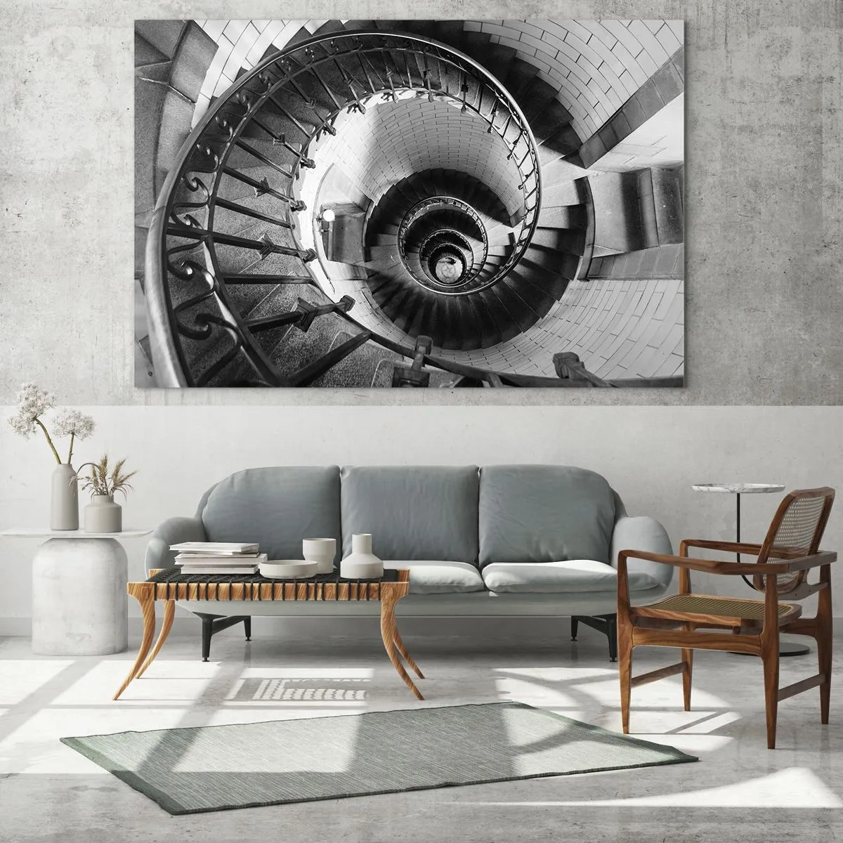 Glasbild - Bild auf glas - Schwarz-Weiß-Foto einer Wendeltreppe in Perspektive - 120x80cm - Höher und höher - Moderne Wanddekoration für Wohnzimmer und Schlafzimmer ARTTOR
