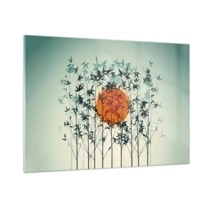 Glasbild - Bild auf glas - Rote Sonne zwischen zarten Bambusblättern - 100x70cm - Japanische Sonne - Moderne Wanddekoration für Wohnzimmer und Schlafzimmer ARTTOR