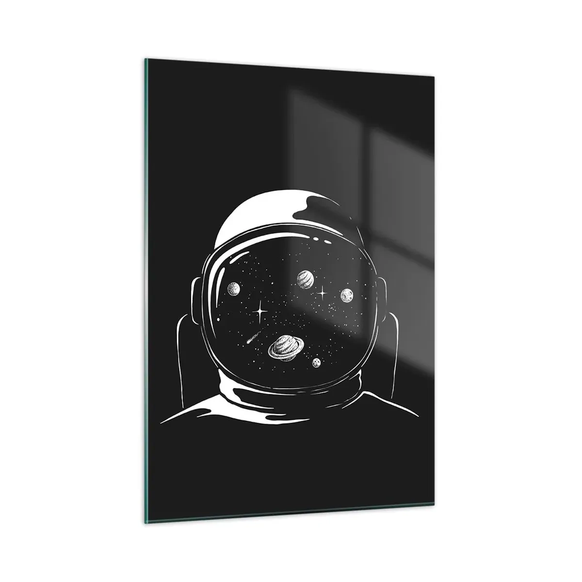 Glasbild - Bild auf glas - Astronaut mit Sternen und Planeten in seinem Helm auf schwarzem Hintergrund - 50x70cm - Schöne Aussicht - Moderne Wanddekoration für Wohnzimmer und Schlafzimmer ARTTOR