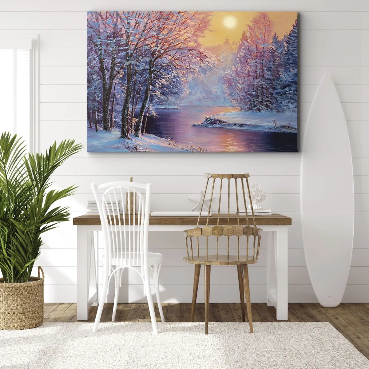 Bild auf Leinwand - Leinwandbild - Winterlandschaft mit Fluss und Bäumen bei Sonnenaufgang - 120x80cm - Die Farben des Winters - Moderne Wanddekoration für Wohnzimmer und Schlafzimmer ARTTOR