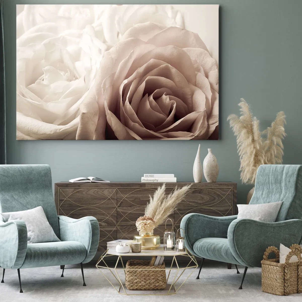 Bild auf Leinwand - Leinwandbild - Zarte Rosen in pastelligen Beigetönen - 120x80cm - Im Herzen der Rose - Moderne Wanddekoration für Wohnzimmer und Schlafzimmer ARTTOR