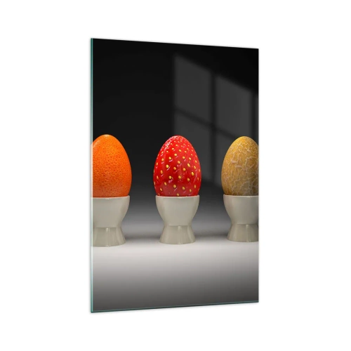 Glasbild - Bild auf glas - Bunte Eier, die Früchten ähneln, auf dunklem Hintergrund - 70x100cm - Obstfrühstück - Moderne Wanddekoration für Wohnzimmer und Schlafzimmer ARTTOR